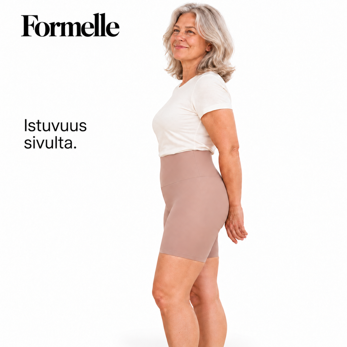 Formelle-muotoilushortsien istuvuus sivulta.