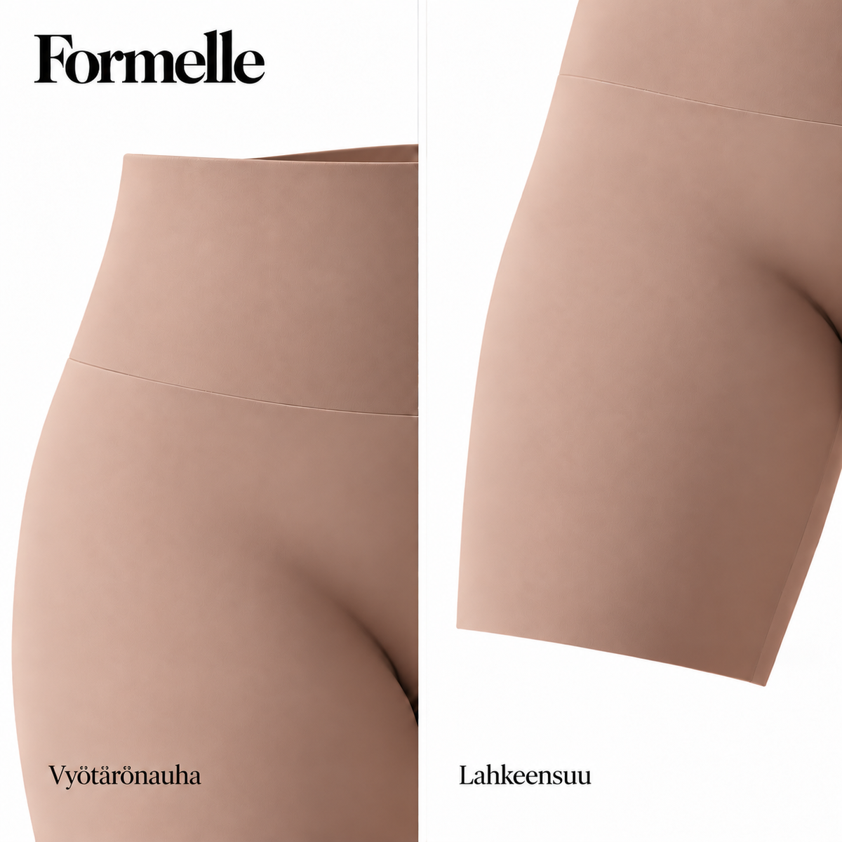 Lähikuvat Formelle-shortsien vyötärönauhasta ja lahkeensuusta.