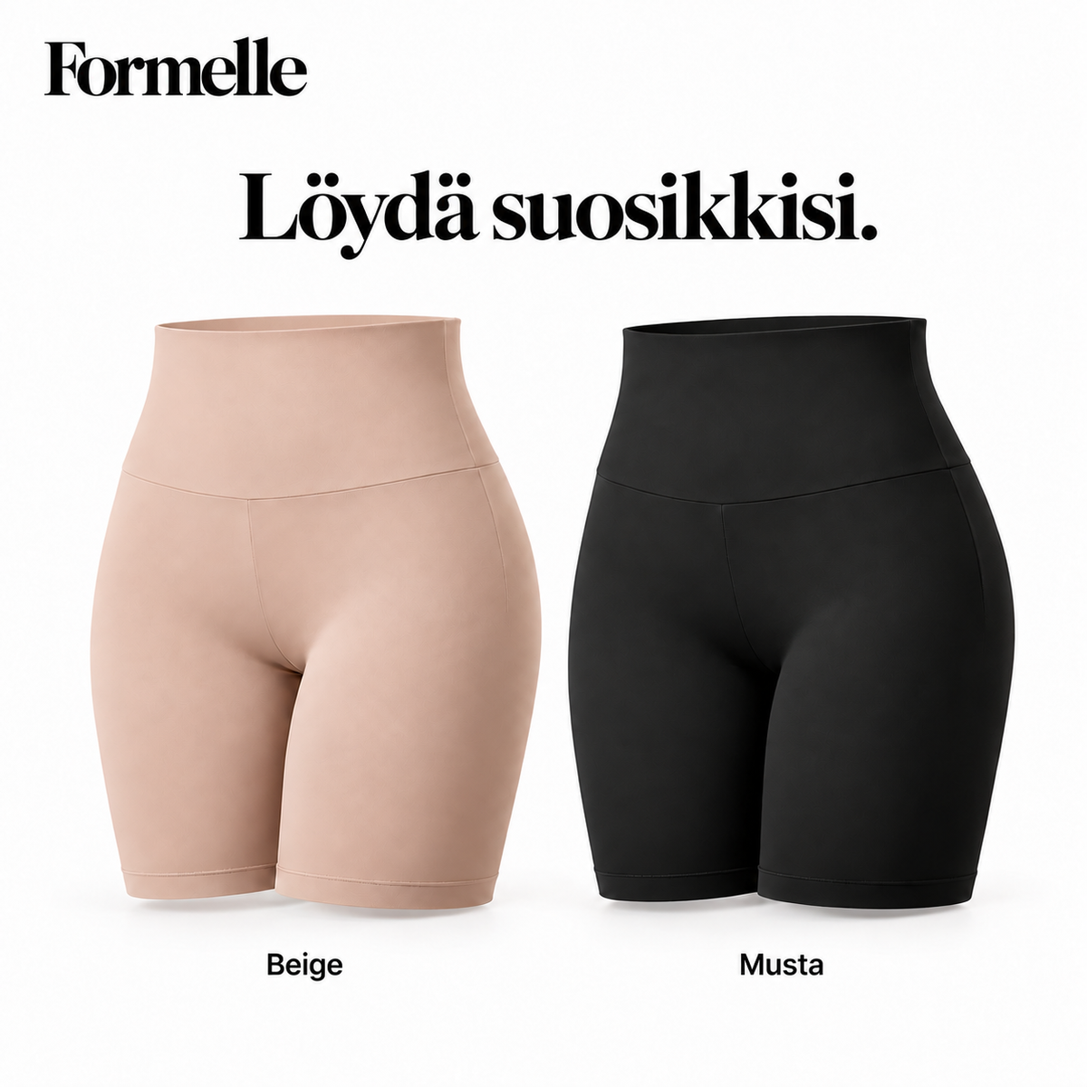 Formelle-muotoilushortsit mustana ja beigenä.