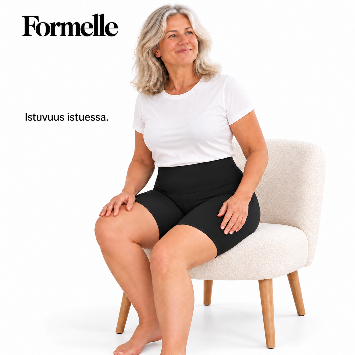Formelle-muotoilushortsien istuvuus istuessa.