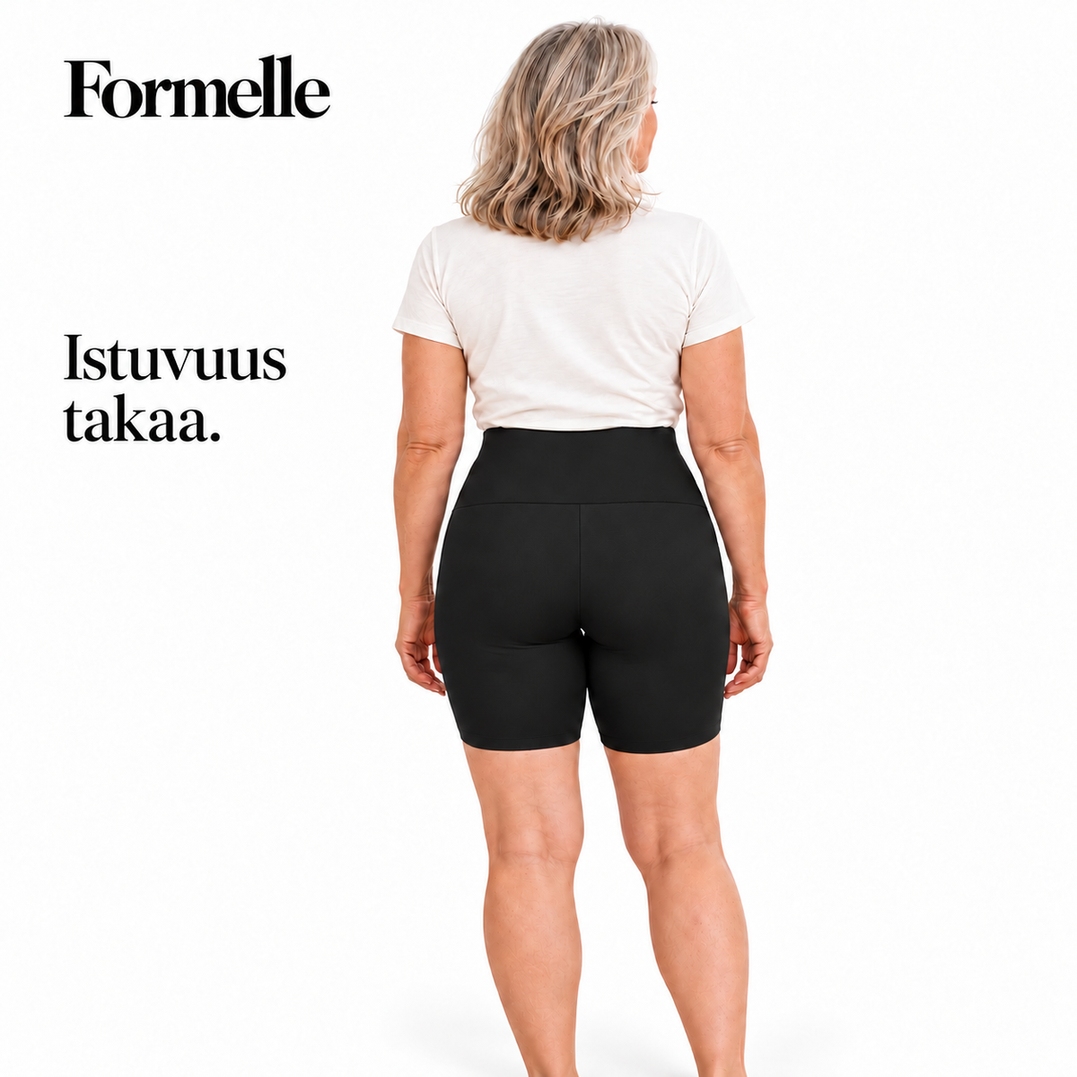 Formelle-muotoilushortsien istuvuus takaa.